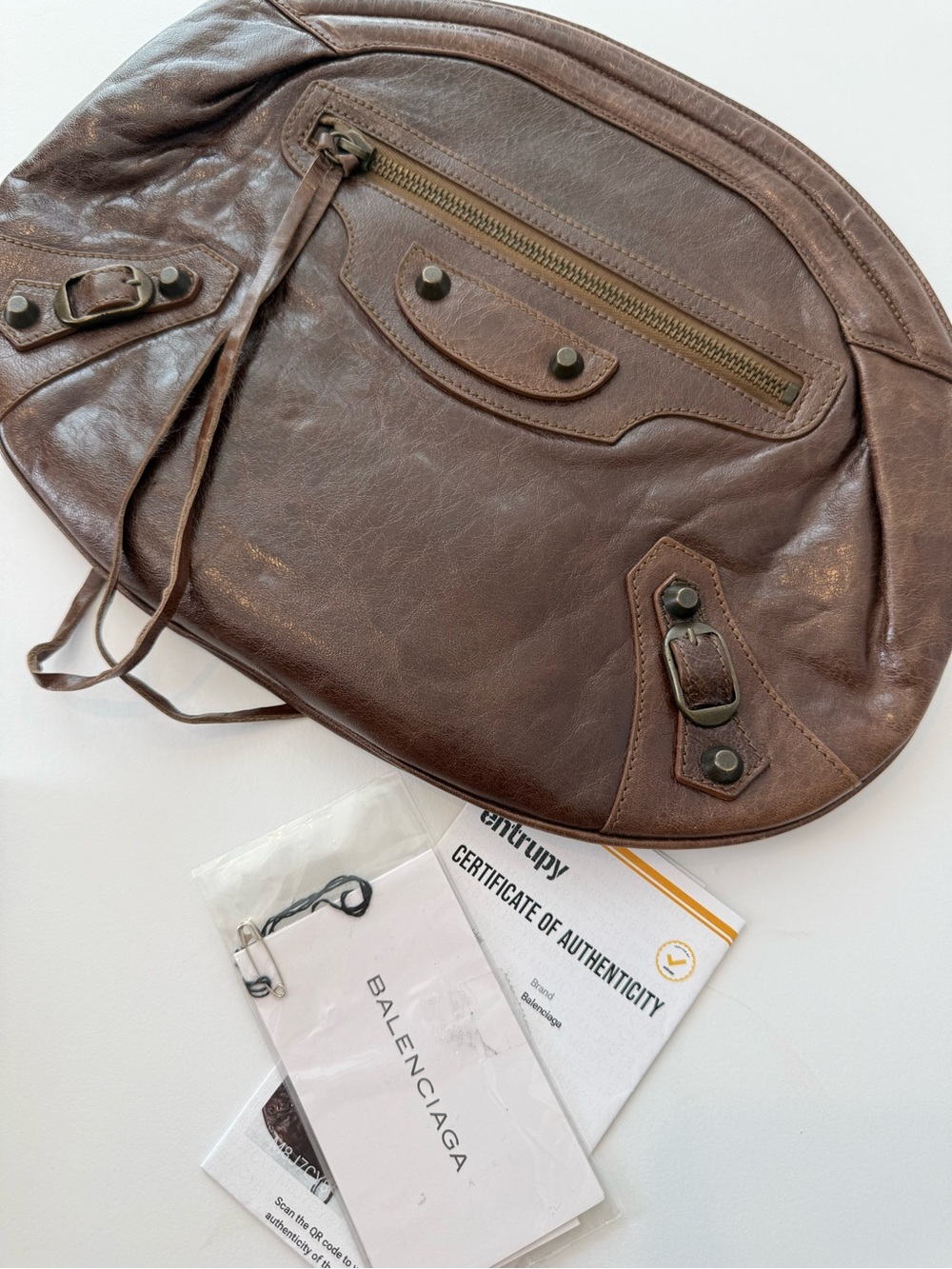 Balenciaga Classic Hardware Oval Clutch in Truffle Chèvre Leather with COA